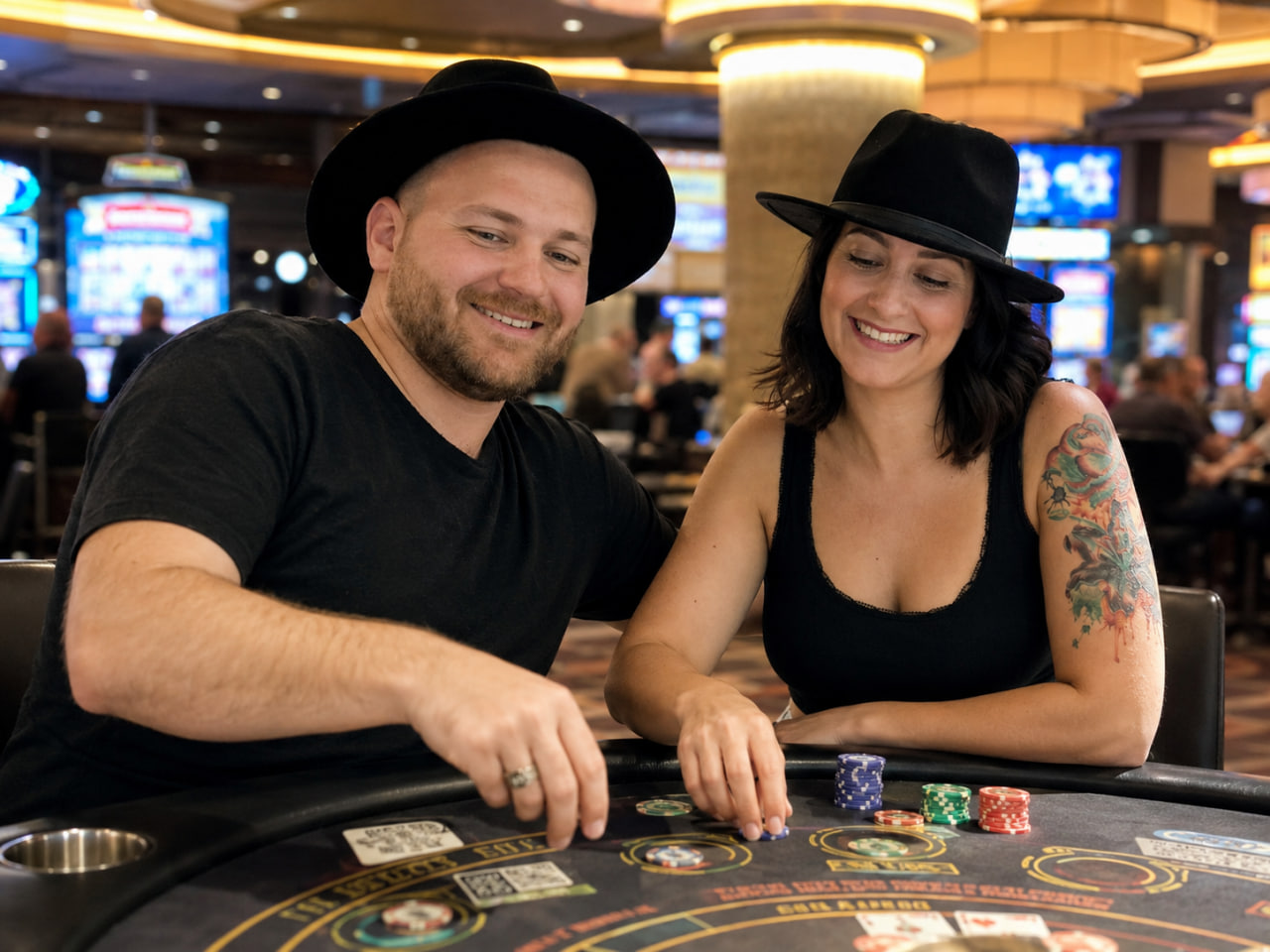 Casino road trip stop with slot machines and travel atmosphere